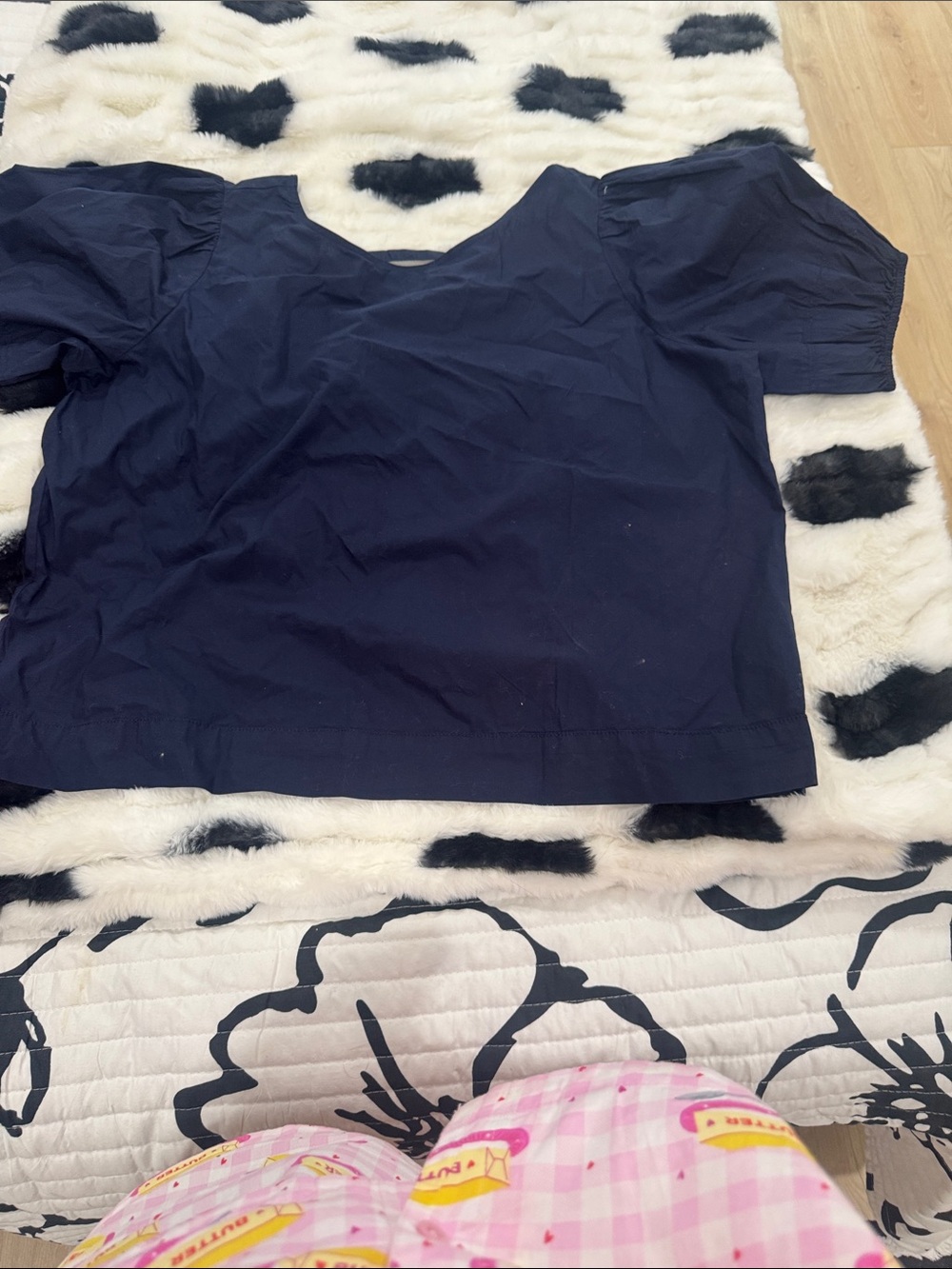 LOFT Navy Puff-Sleeve Cotton Blend Blouse